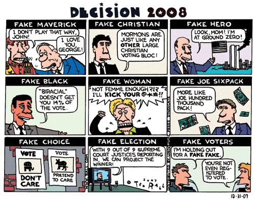 ted rall cartoon 2008 elections sham republicans democrats funny business